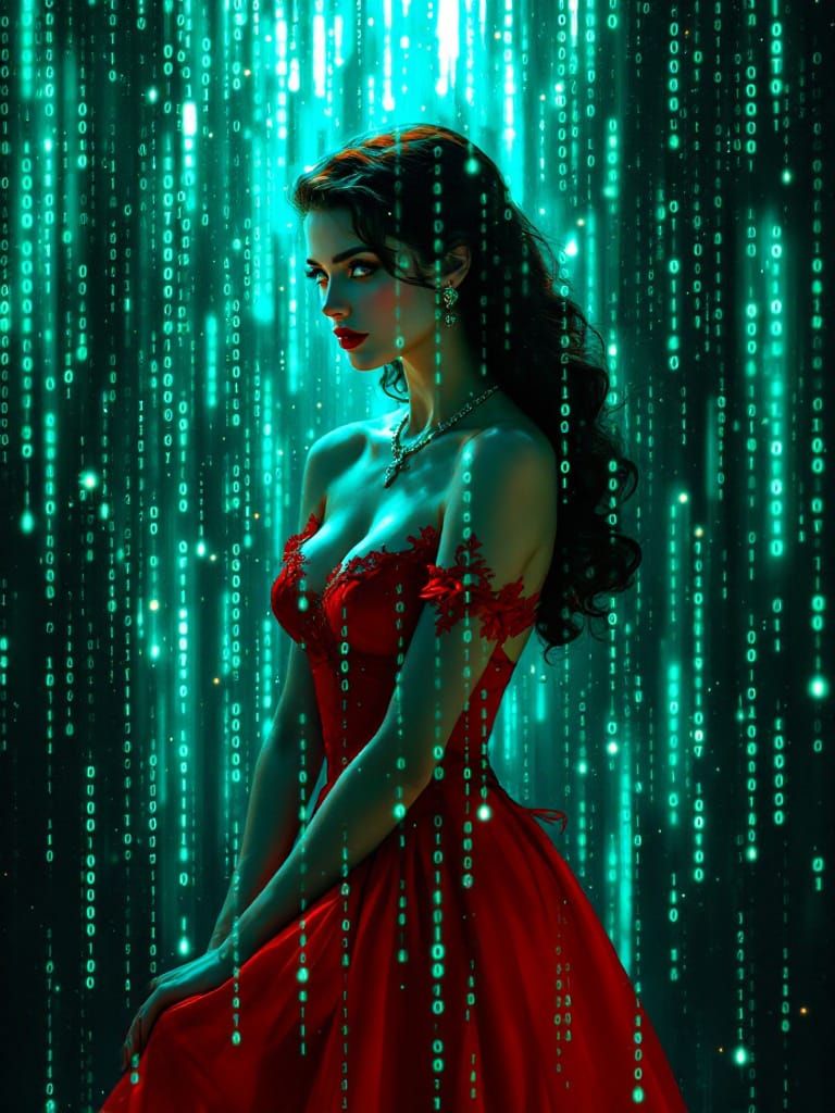 Woman in Red Gown Amidst Digital Rain