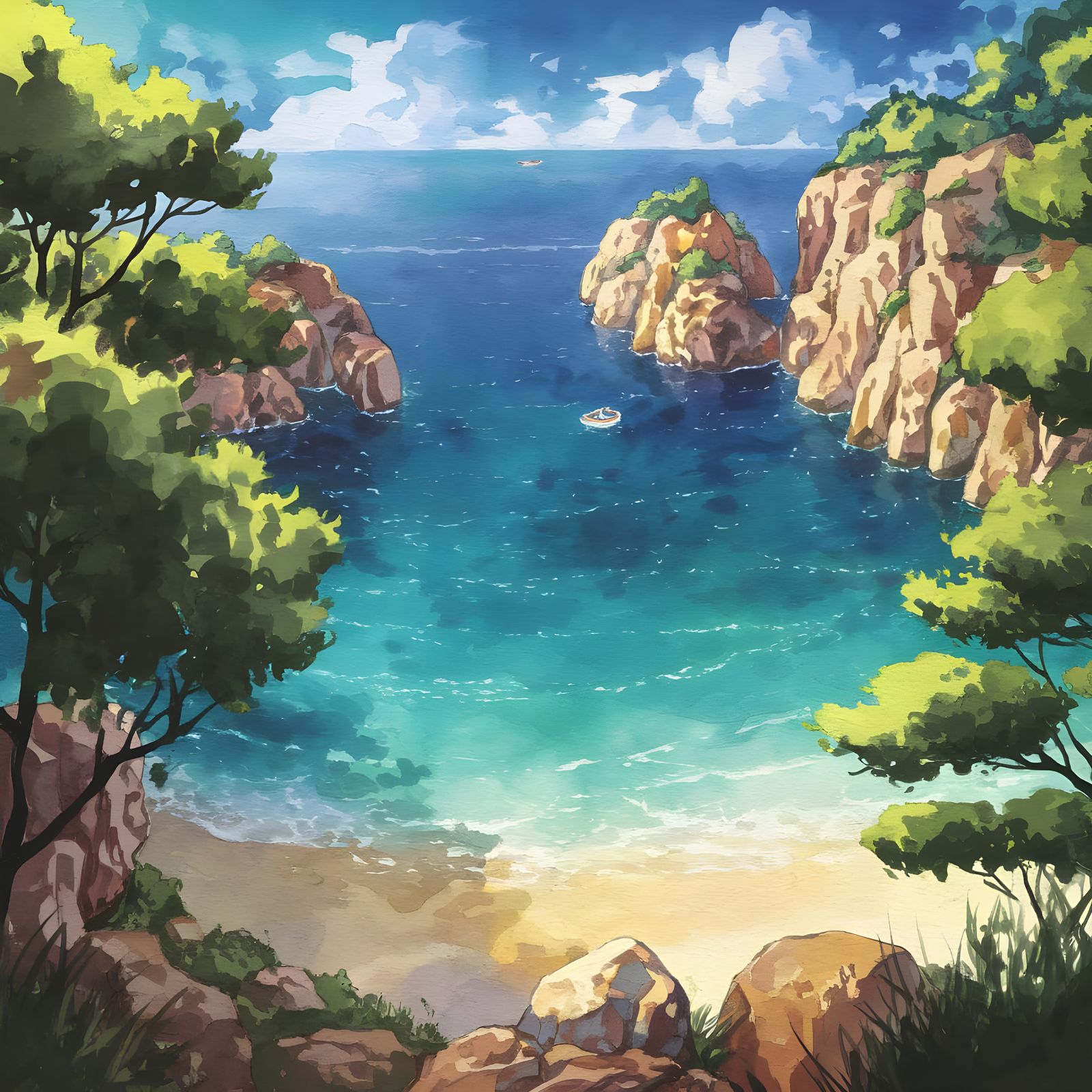 Mediterranean Cove in Vibrant Watercolor