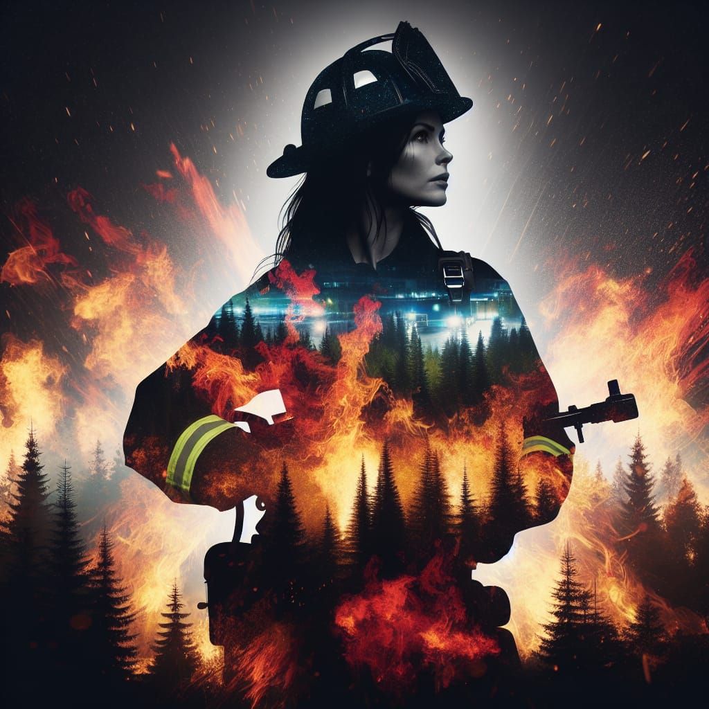 Brave Firefighter Double Exposure Graphic