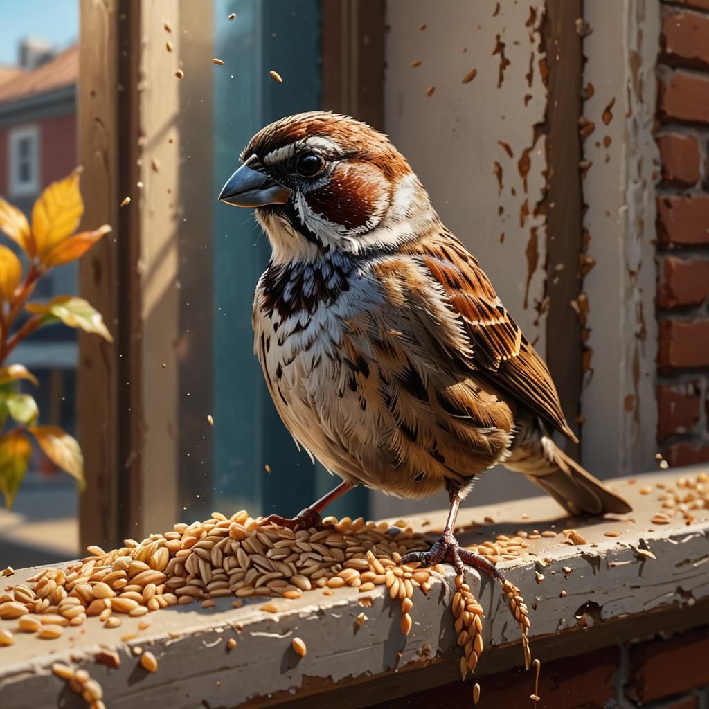Hyperrealistic Sparrow Eating Grain on Ledge