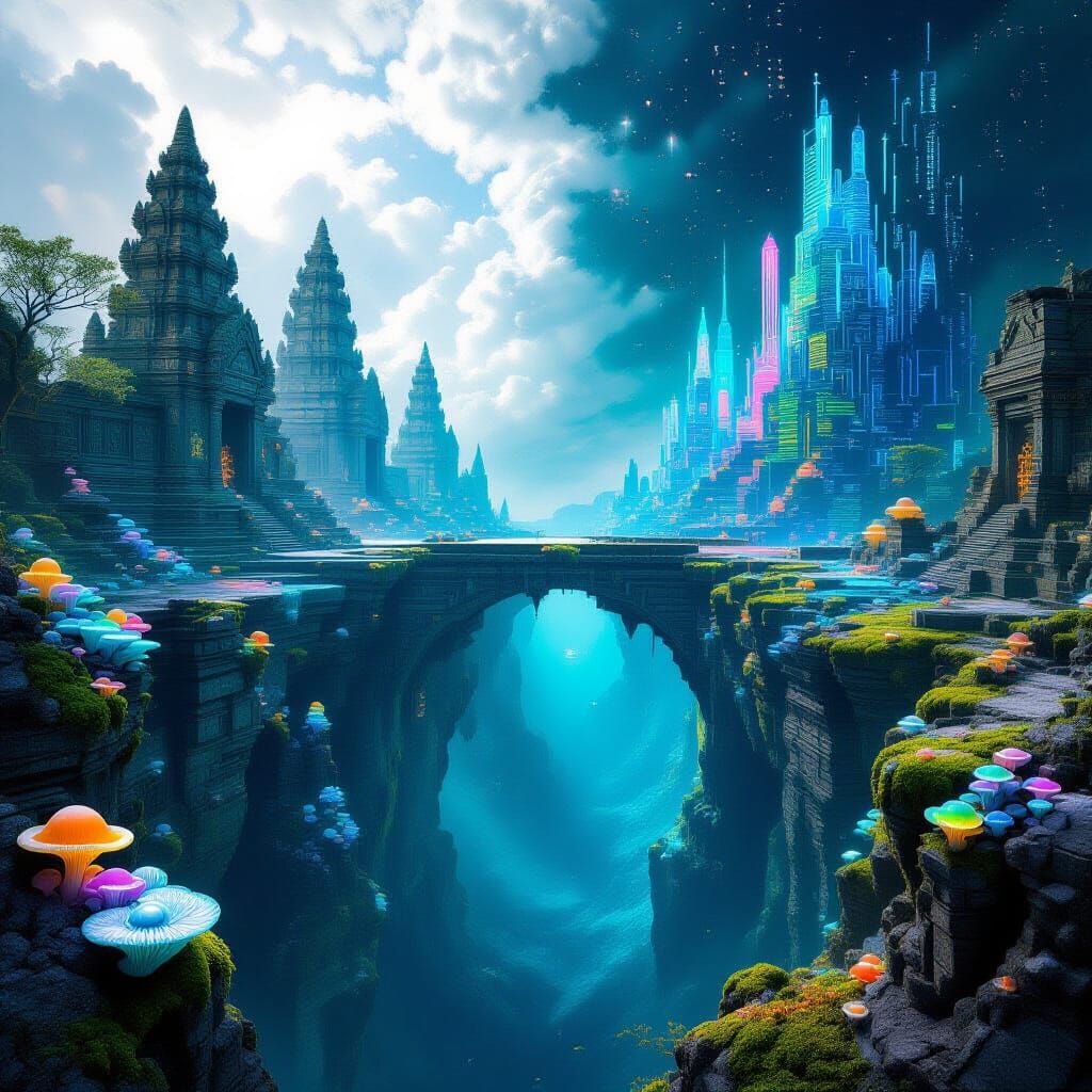 Colossal Bridge Between Nature Ruins and Digital Code