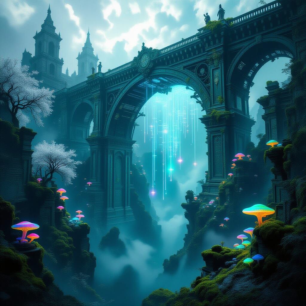 Colossal Bridge Over Abyss in Gothic Fractal Style