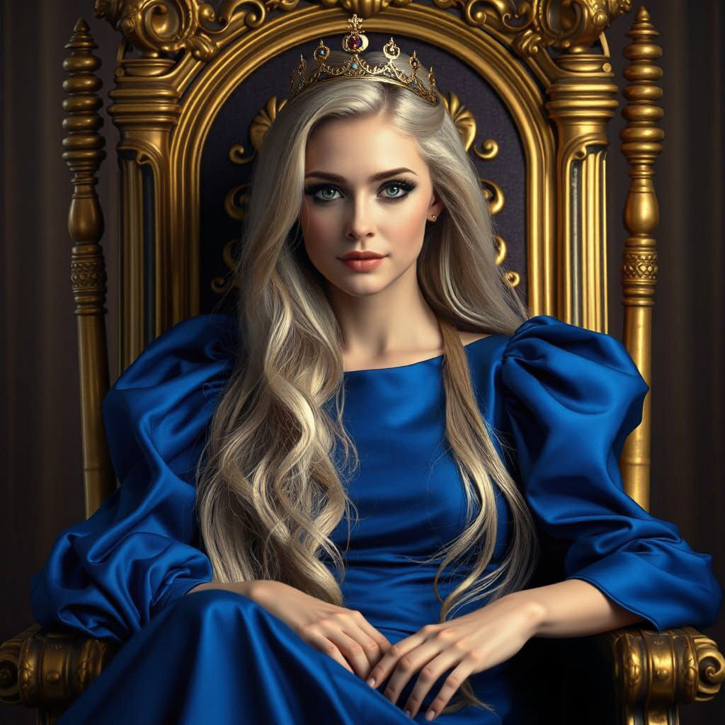 Elegant Blond Queen on Golden Throne Portrait