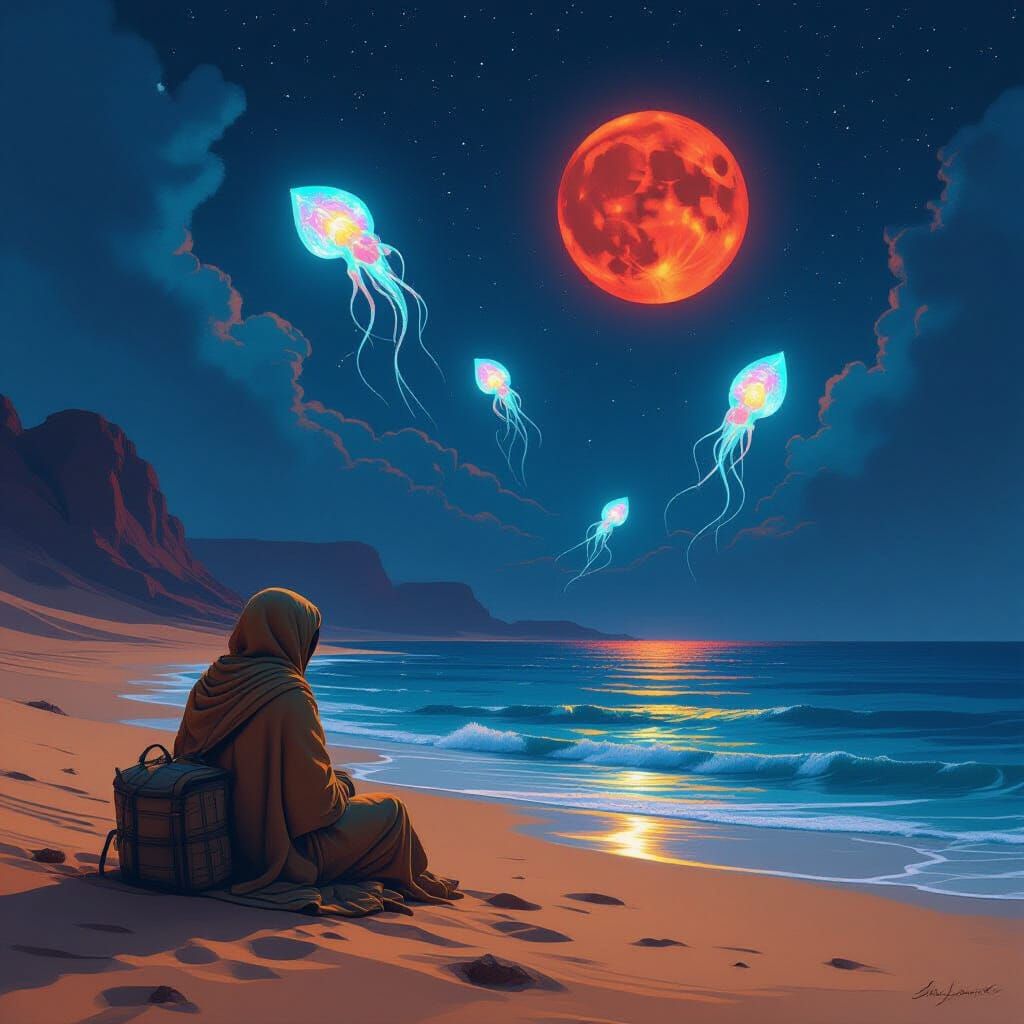 Desert Caravan Under Sky-Ocean With Bioluminescent Squid