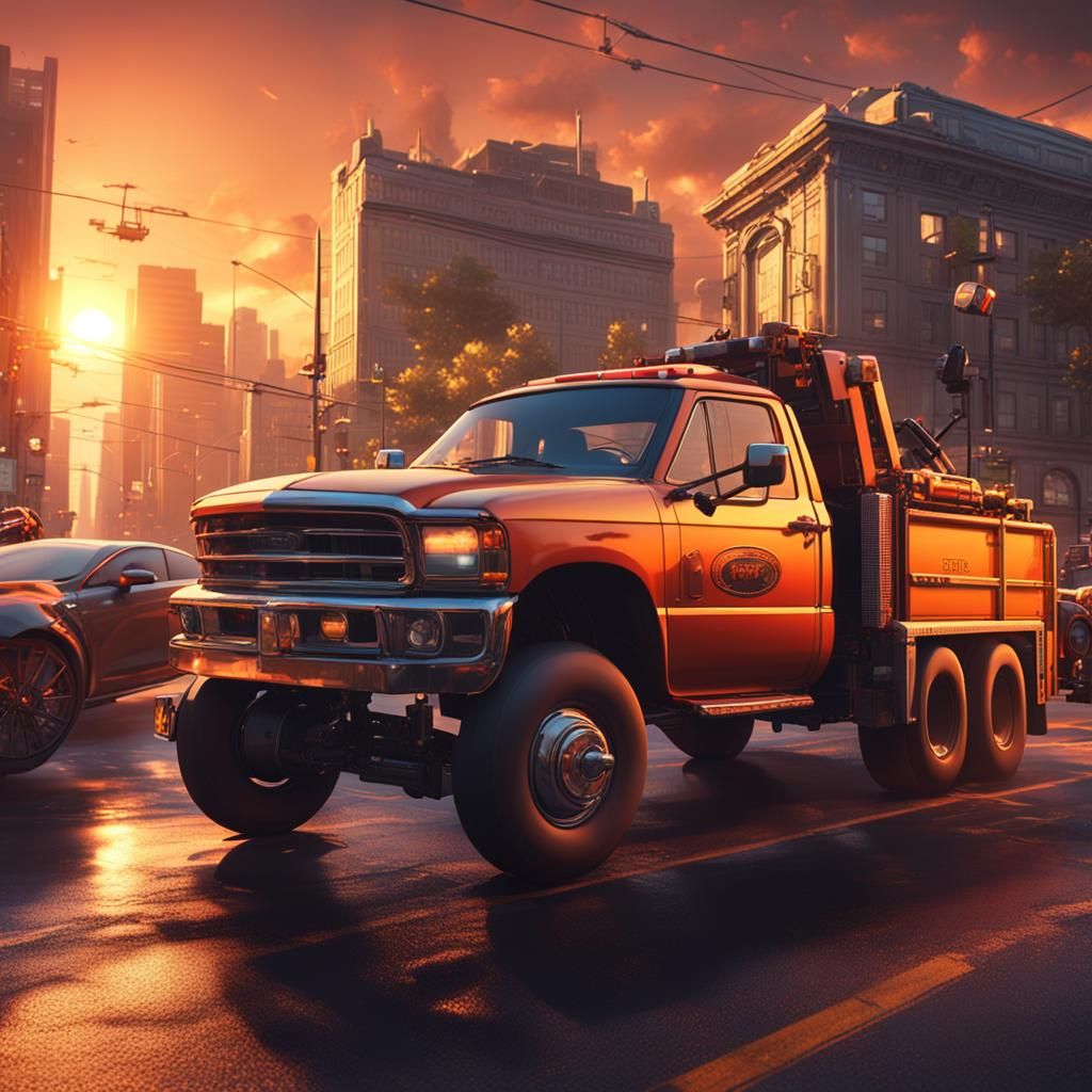Tow Truck at Sunset: Detailed Matte Painting