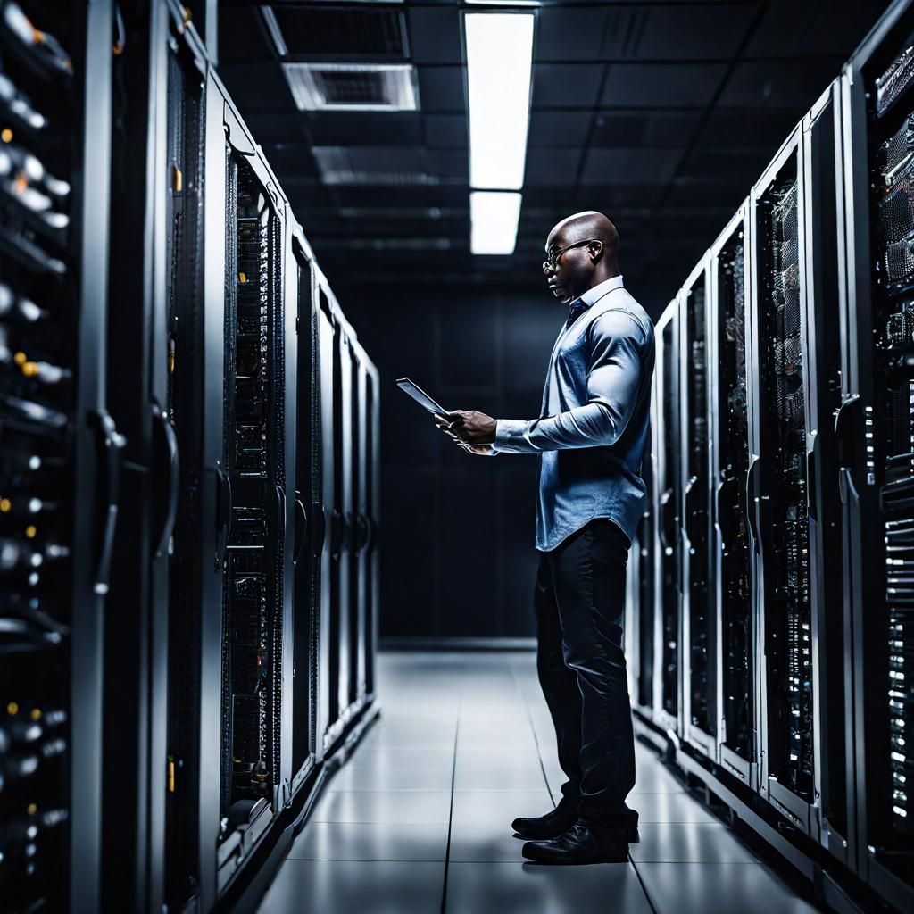 Afro-American Man at Datacenter: Hyperrealistic Photo