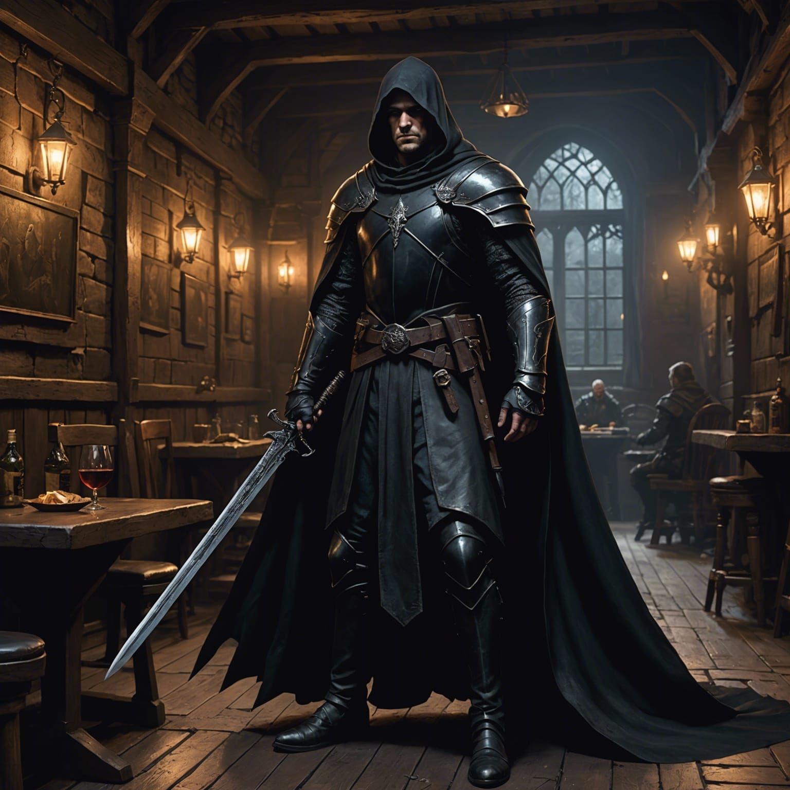Dark Fantasy Eyeless Swordsman in a Tavern