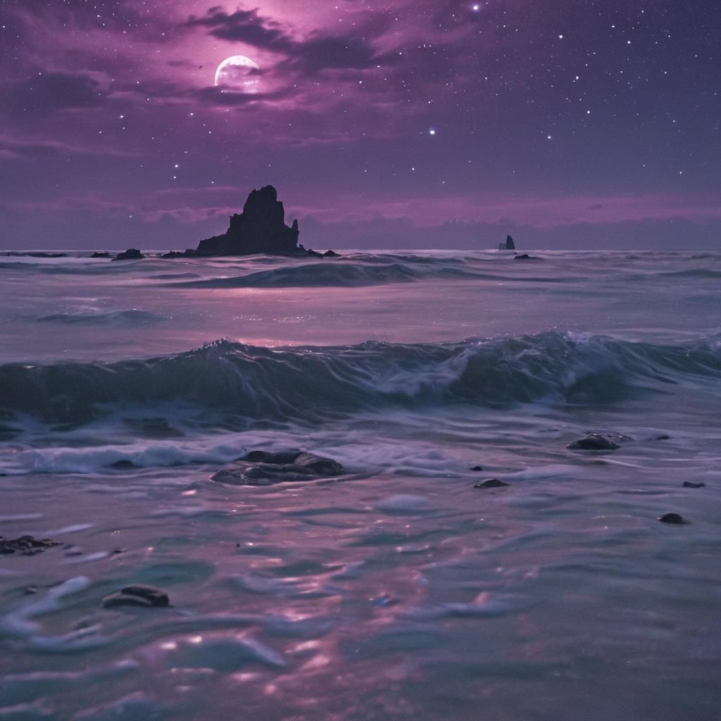 Alien Sea with Bioluminescent Flora and Swirling Planets