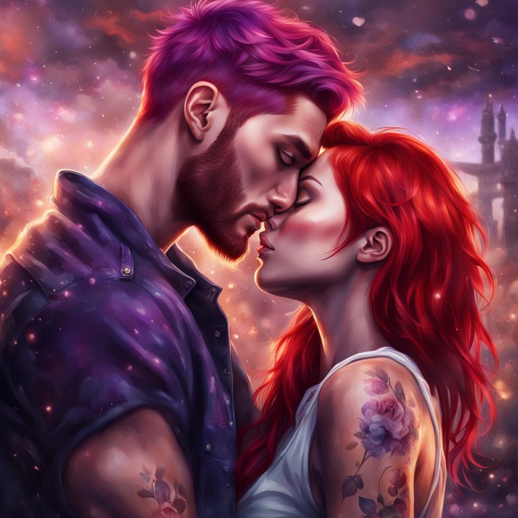 Realistic Couple Kissing with Vibrant Hair