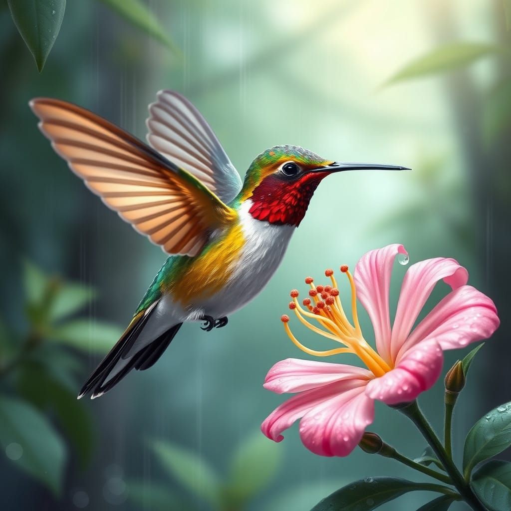 Vibrant Hummingbird in Rain-Kissed Forest