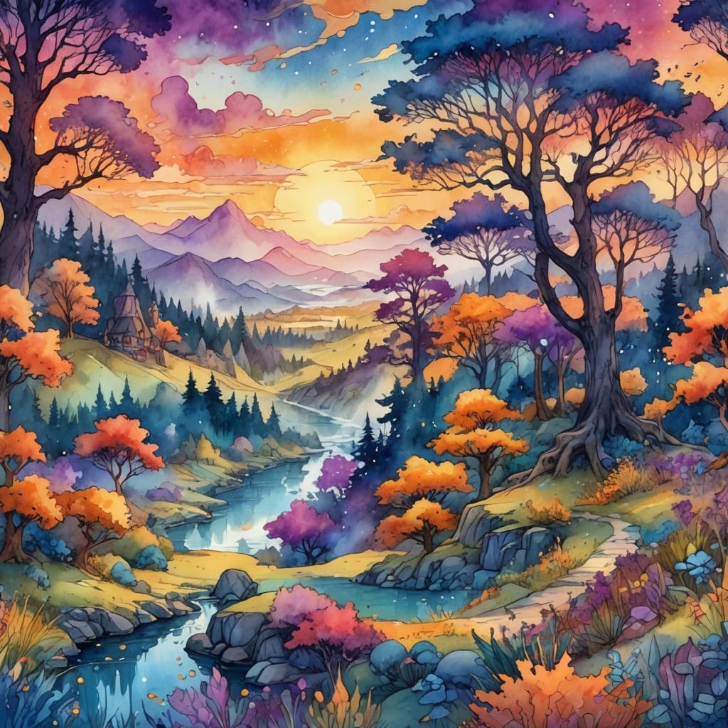 Fantasy Summerscape Sunset: Digital Watercolor Illustration