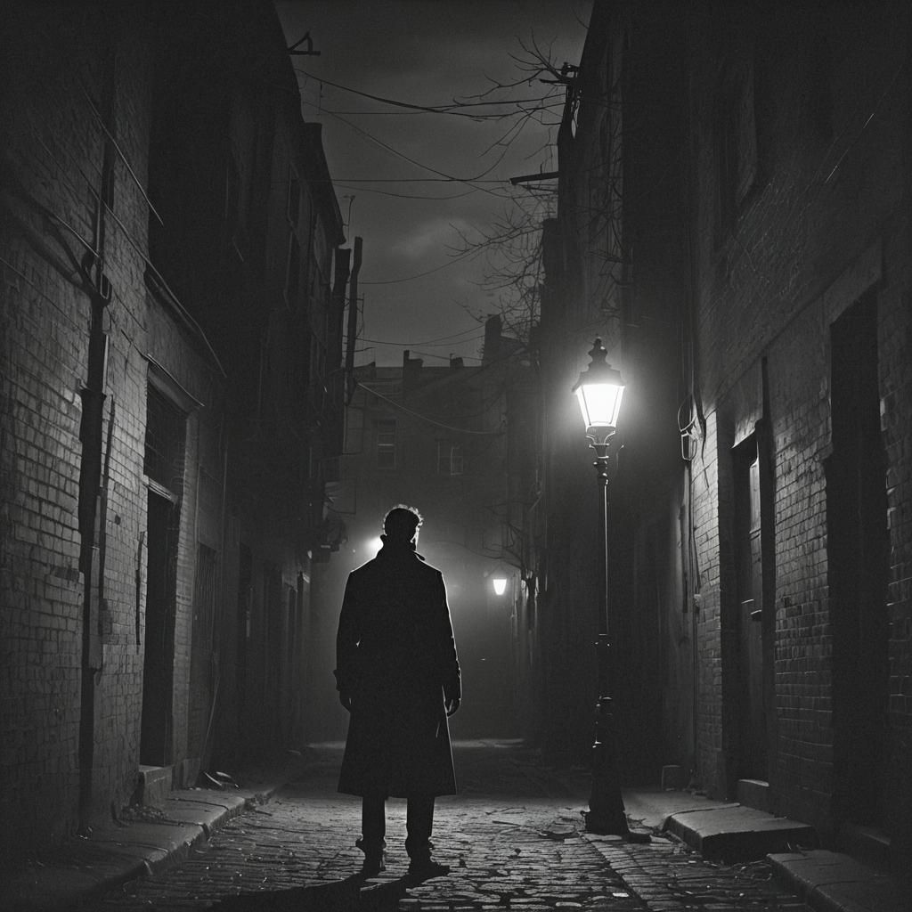 Ominous Silhouette in Dark Alley, Noir Horror Style