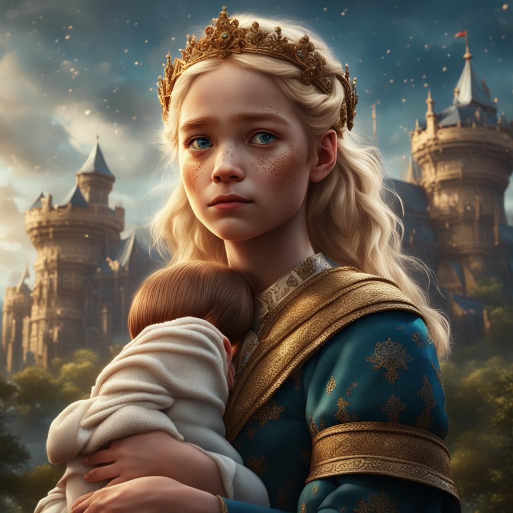 Jealous Blonde Princess Holding Her Sister: Fantasy Art