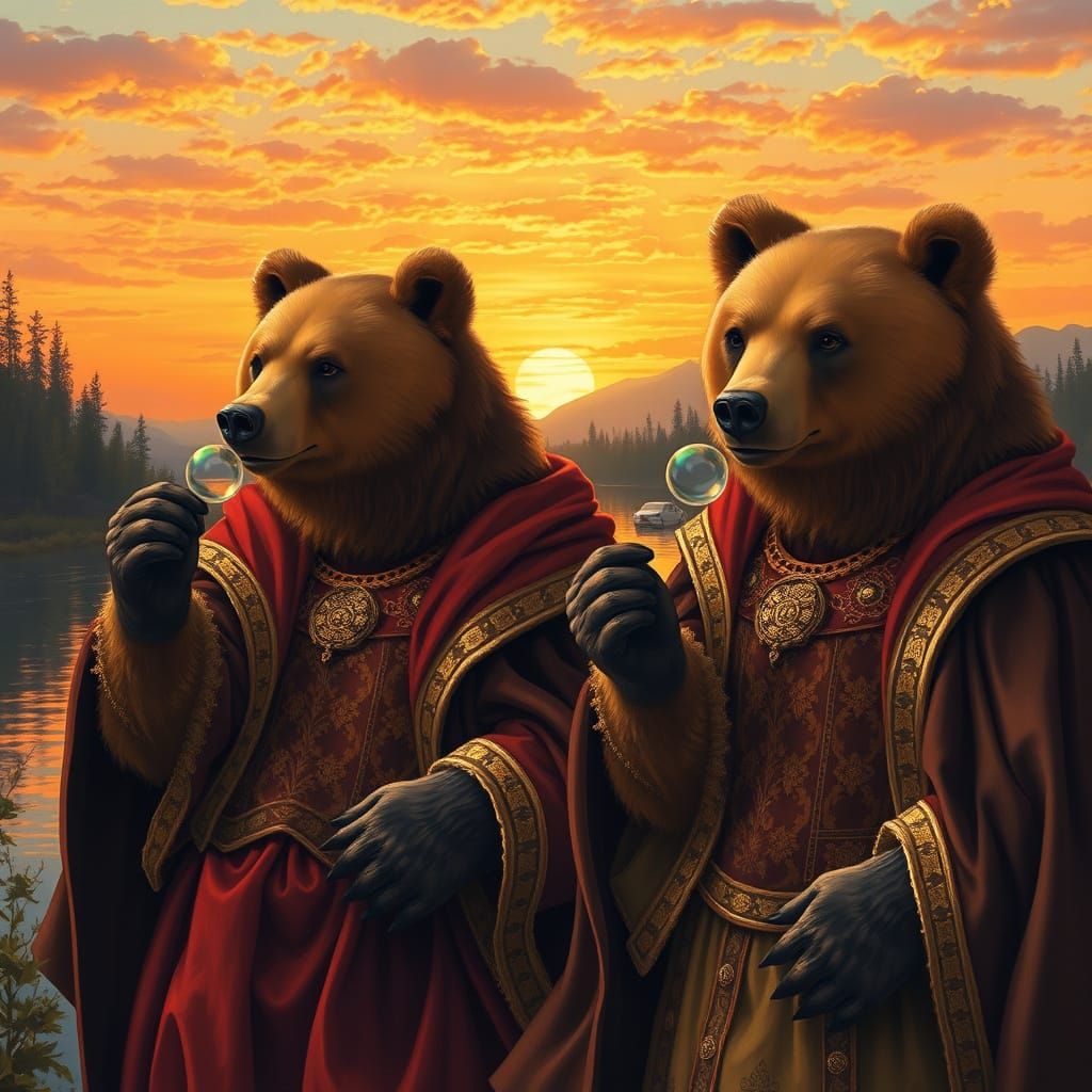 Grizzly Bears in Renaissance Attire Blowing Bubbles