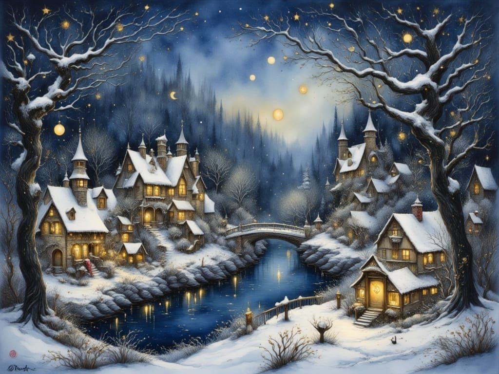 Christmas Village and Snowy Forest at Night Watercolor
