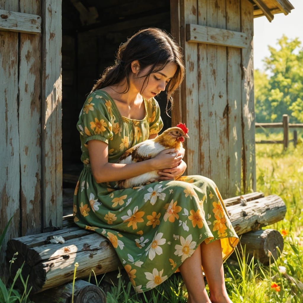 Sad Girl Holding Wounded Chicken in Sunlight