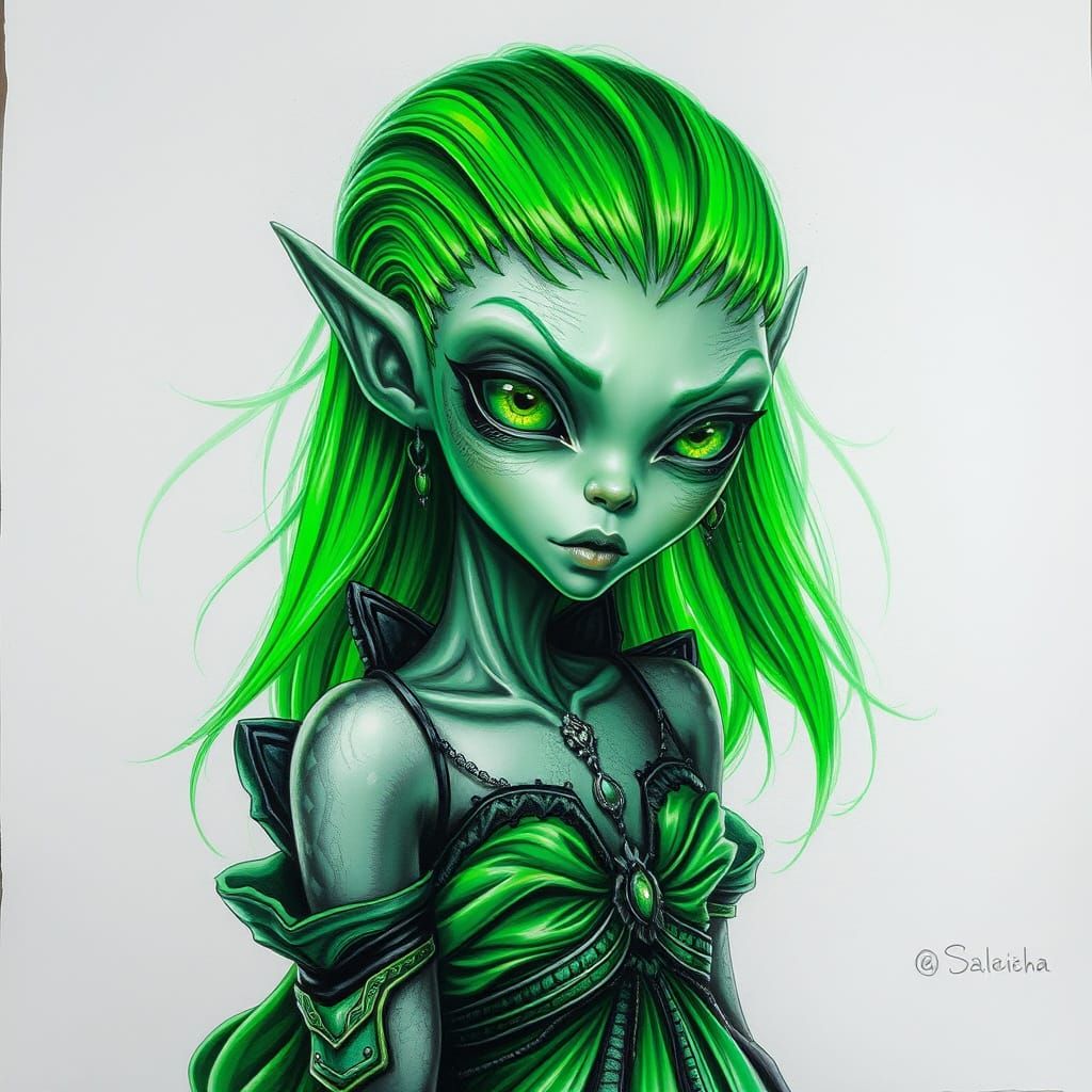 Neon Green Alien Beauty in Charcoal Pastel