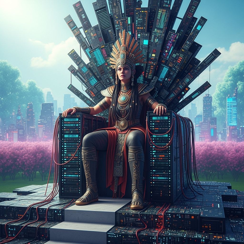 Futuristic Tribal Queen Surveys Cyberpunk Metropolis