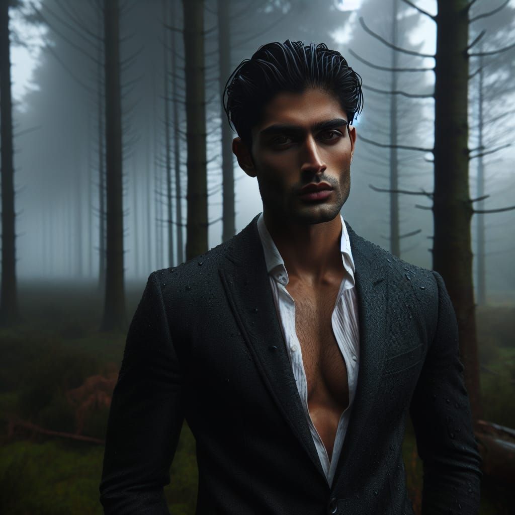 Ethereal South Asian Man in Misty Forest