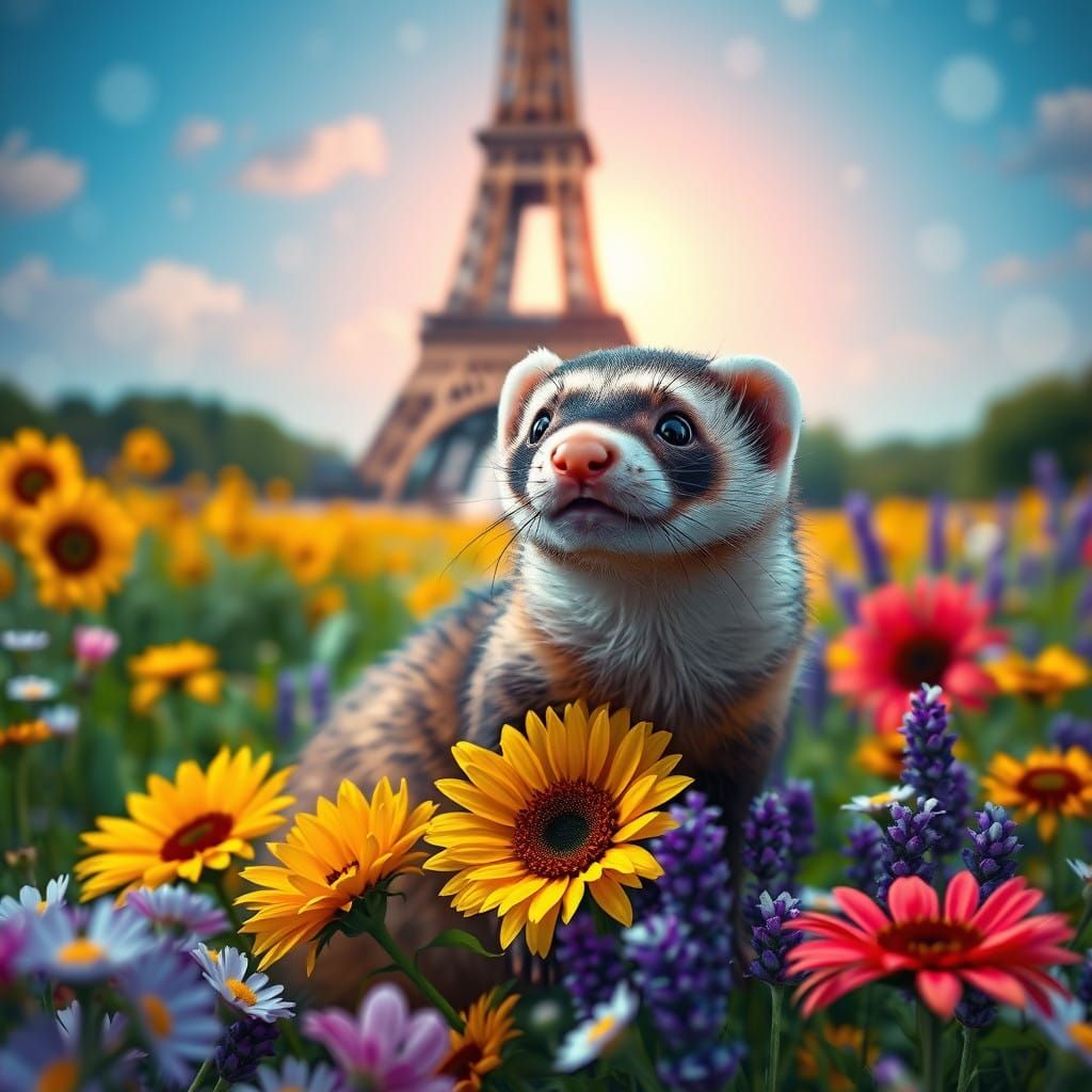 Ferret in Vibrant Art Deco Eiffel Tower Scene