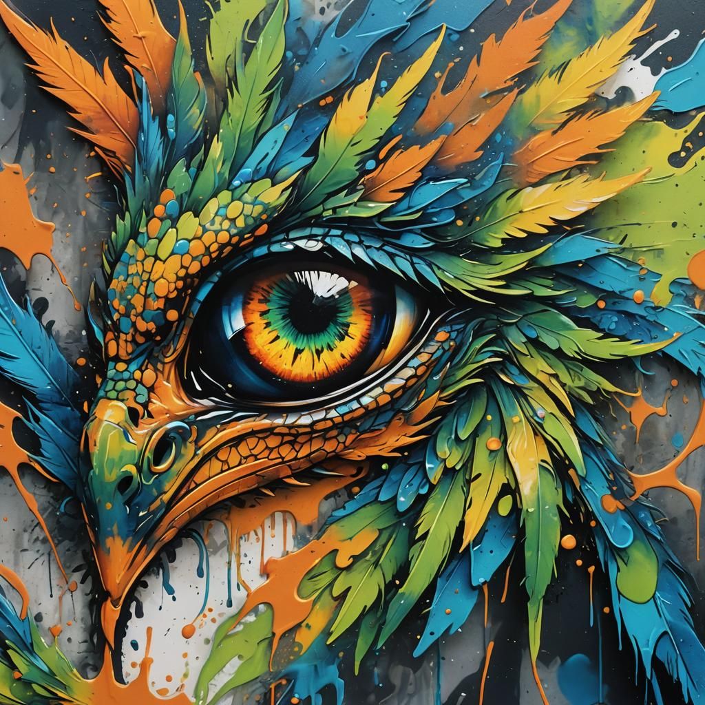 Glowing Dragon Eye in Graffiti Feather Art