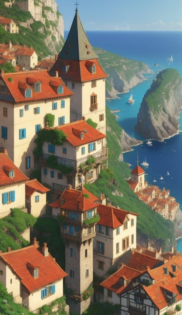 Picturesque European Cliffside Village in Photorealistic Sty...