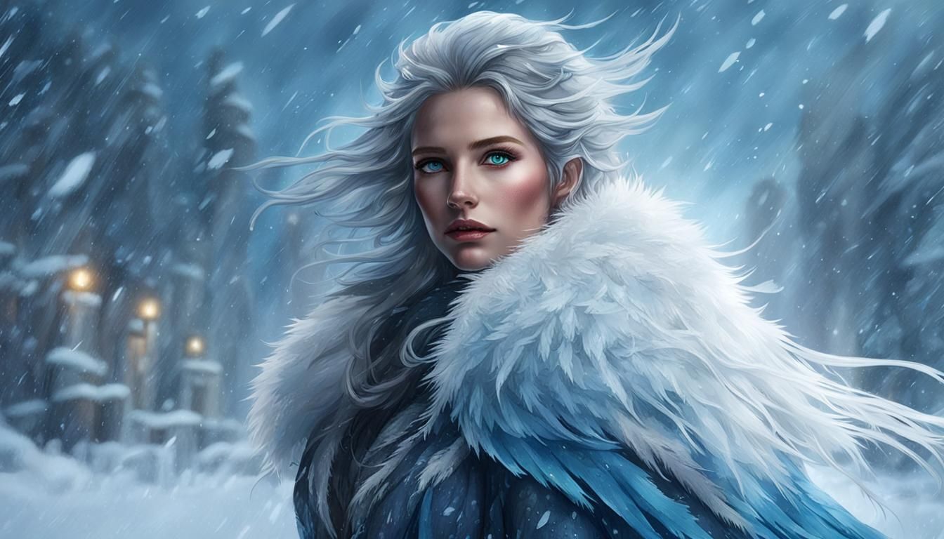 Snowstorm Portrait with Blue Bird in Textured Style