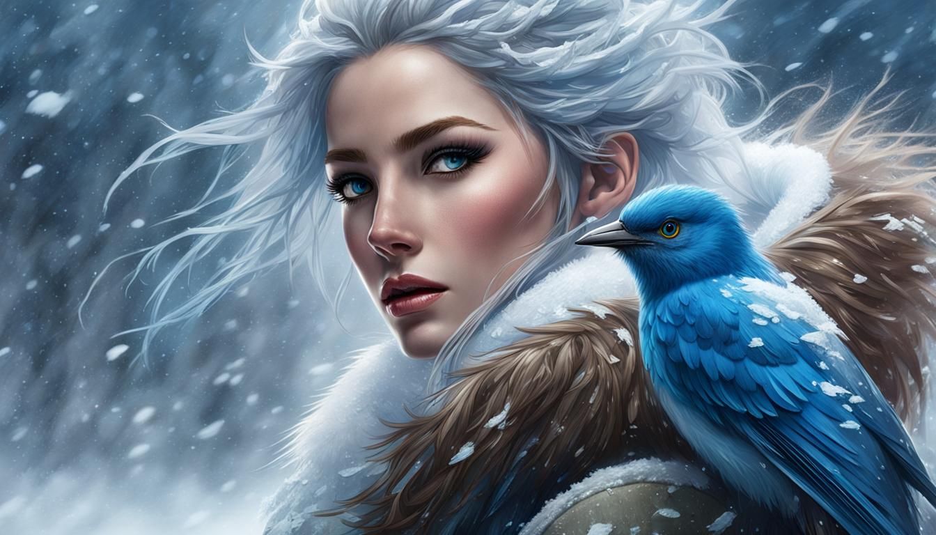 Snowstorm Portrait with Bluebird in Matte Painting Style