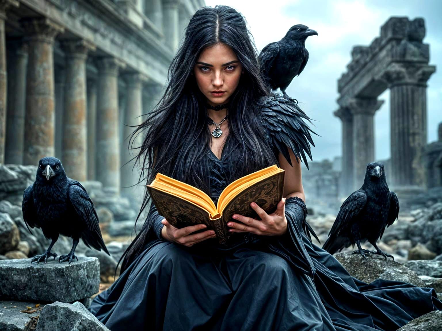 Mystical Witch in Ancient Ruins with Ravens