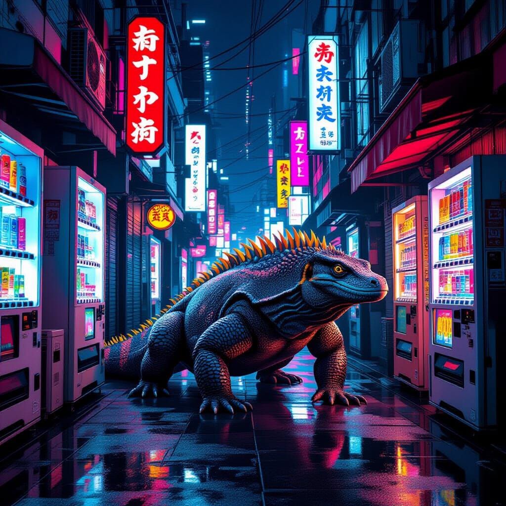 Armored Komodo Dragon in Neo-Tokyo Alley