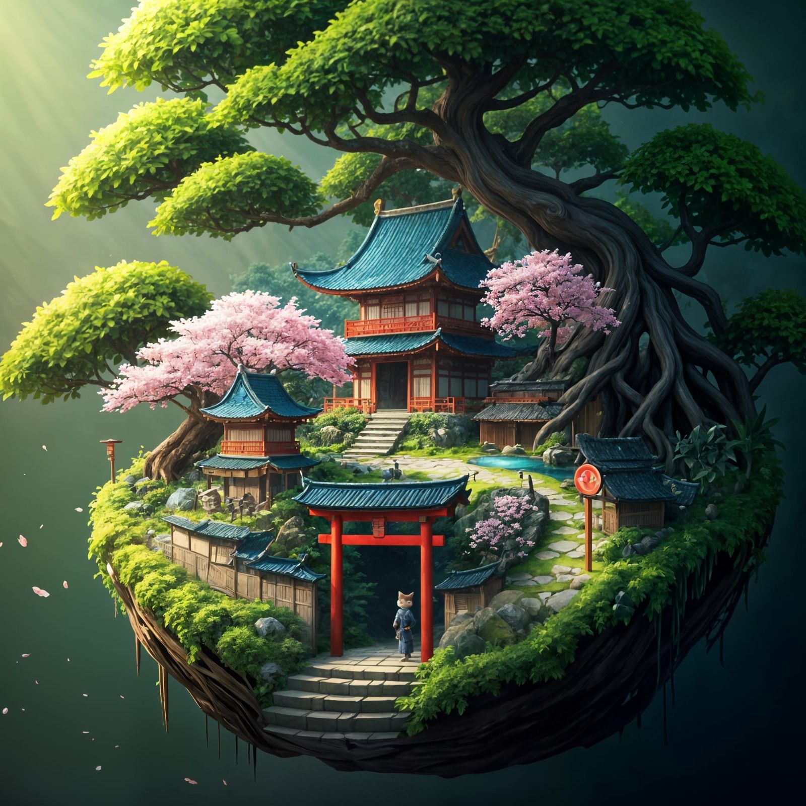 Miniature Bonsai Samurai Village in Japanese Woodblock Style