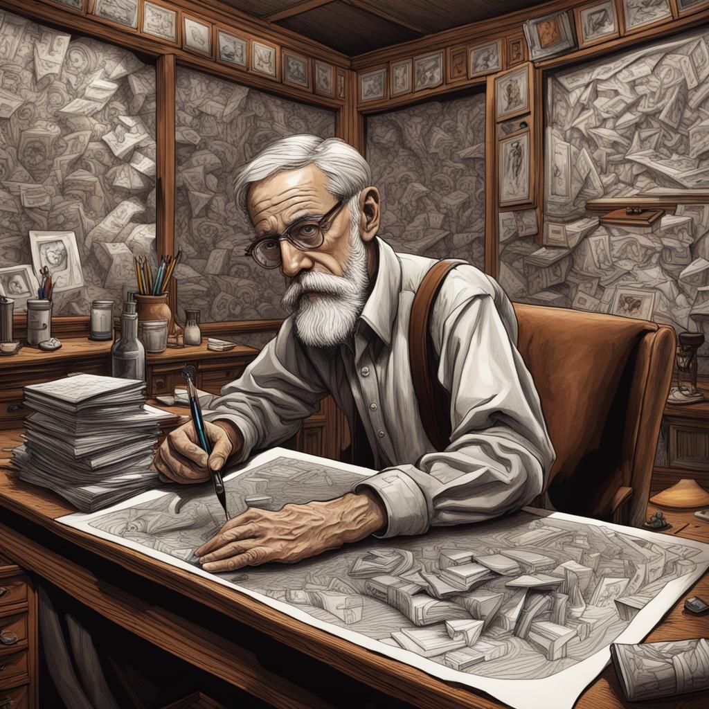 Escher Ink Likeness in Artist Studio, Detailed Matte Paintin...