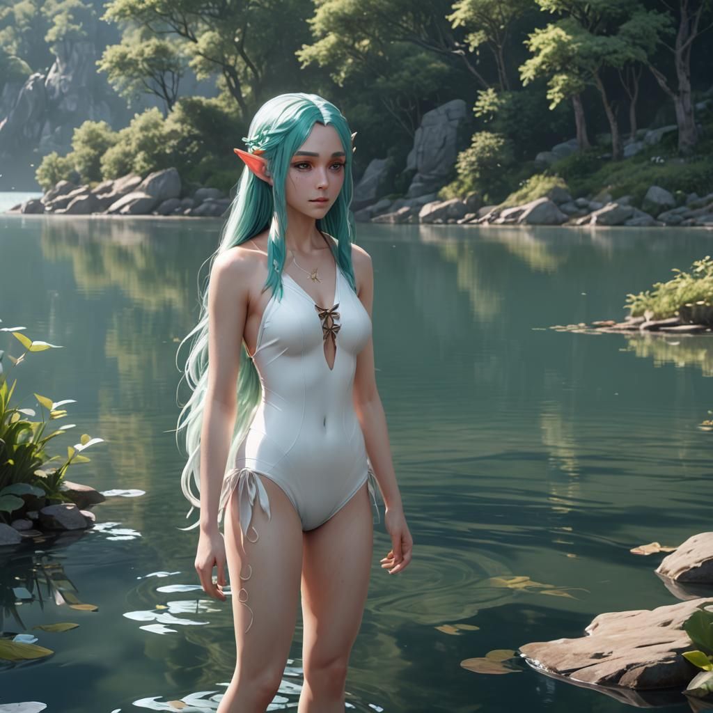 Elf Girl in Swimsuit: 3D Anime Art