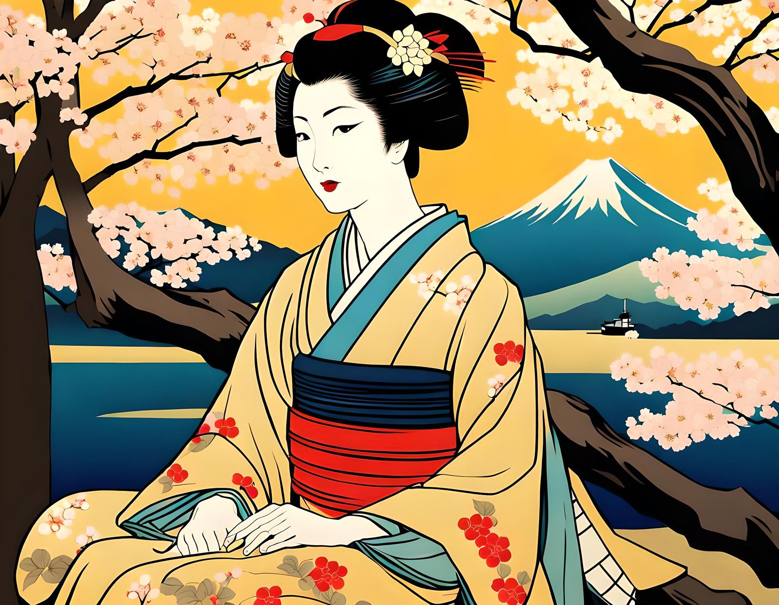 Geisha in Cherry Blossoms: A Traditional Japanese Art