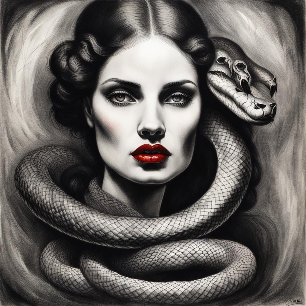Charcoal Snake Lady with Red Lips in Doré Style