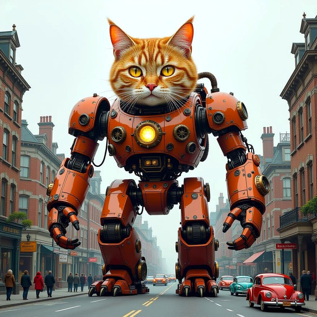 Giant Steampunk Robot Cat in Victorian Cityscape