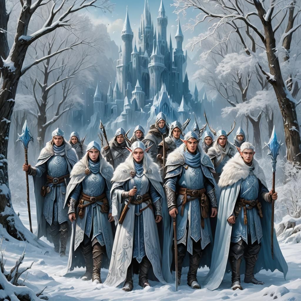 Majestic Winter Elves in Frost Lands: Fantasy Concept Art