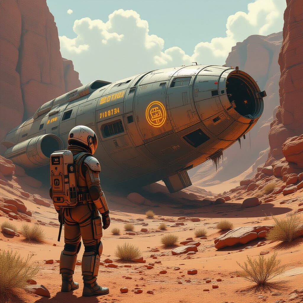 Explorer and Crashed Spaceship in Alien Canyon