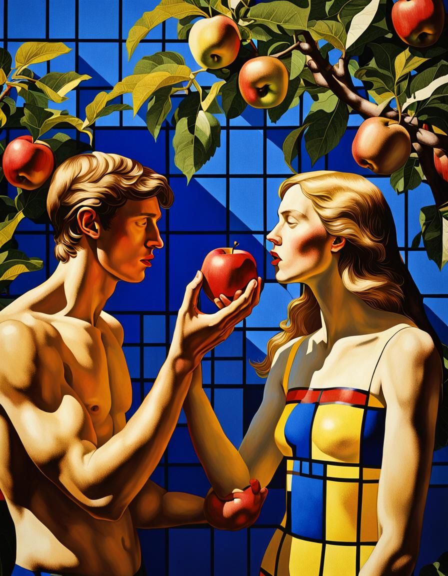 Adam and Eve in Mondrian-Style Garden of Eden