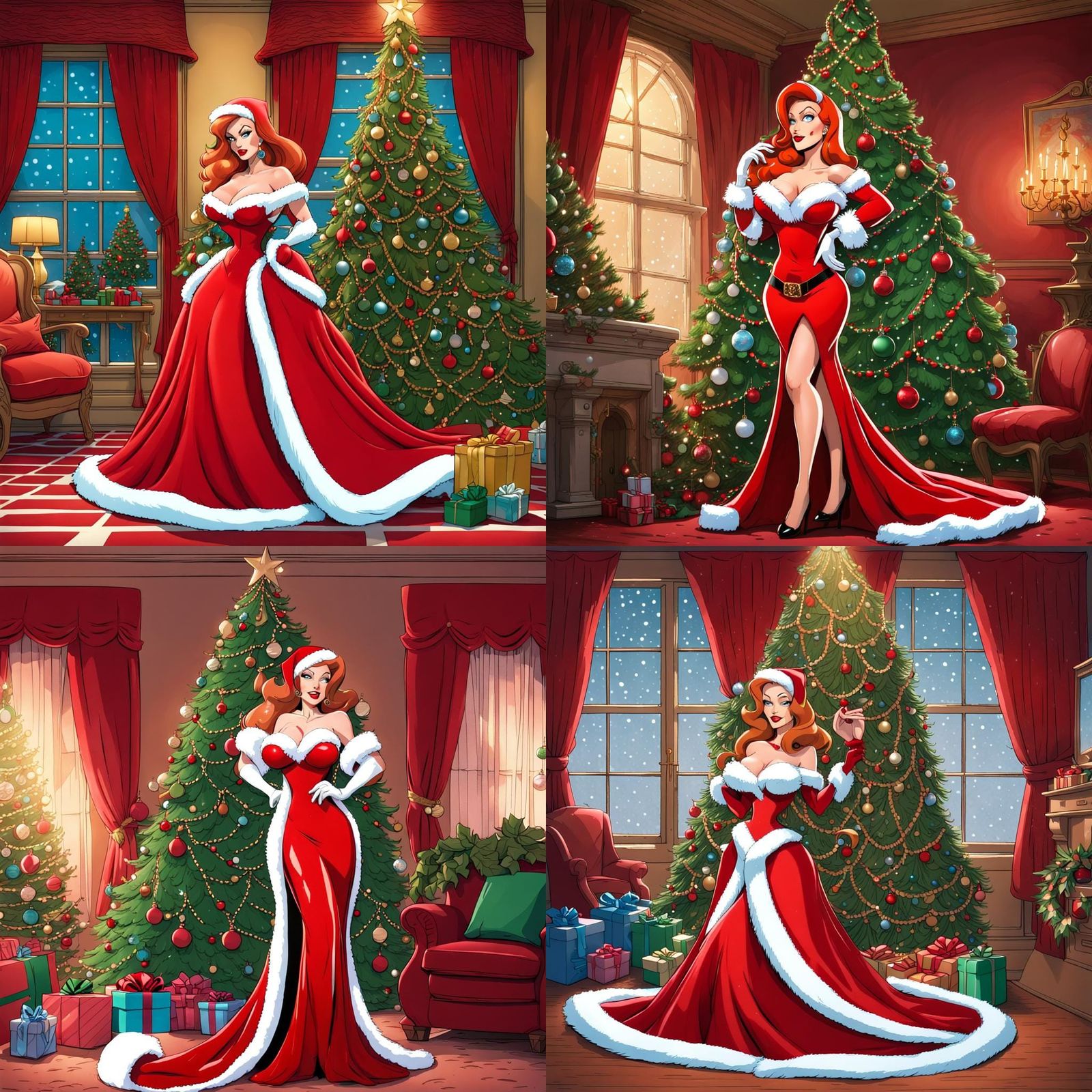Jessica Rabbit as Mrs. Santa Clause wearing a beautiful revealing long Christmas gown standing by a big beautiful decora...