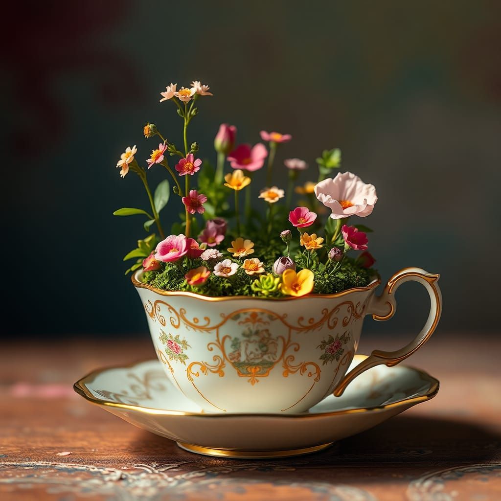 Hyperrealistic Miniature Garden Blooms in Antique Teacup