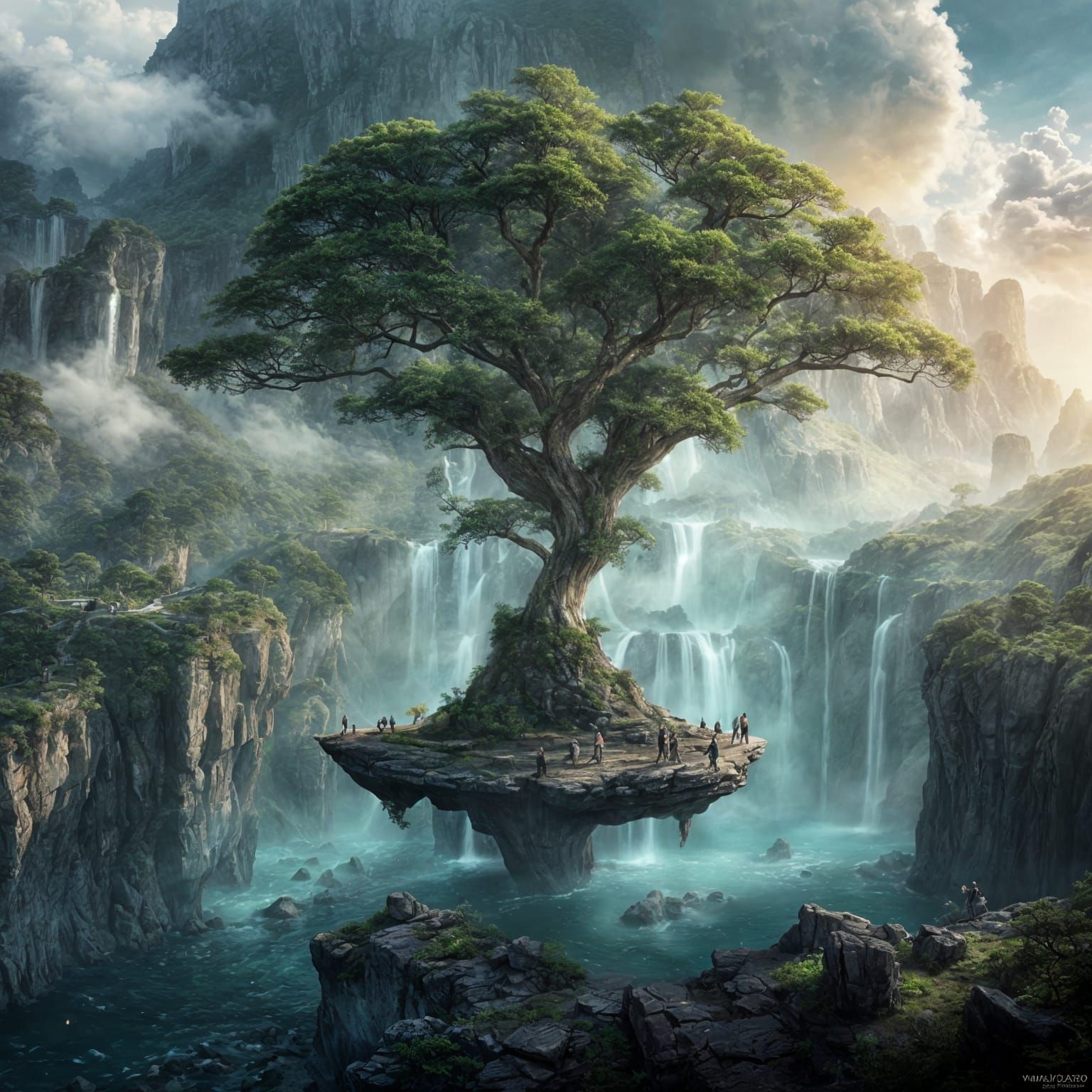 Floating Cliffside Oasis with Waterfalls in Dreamlike Fantas...