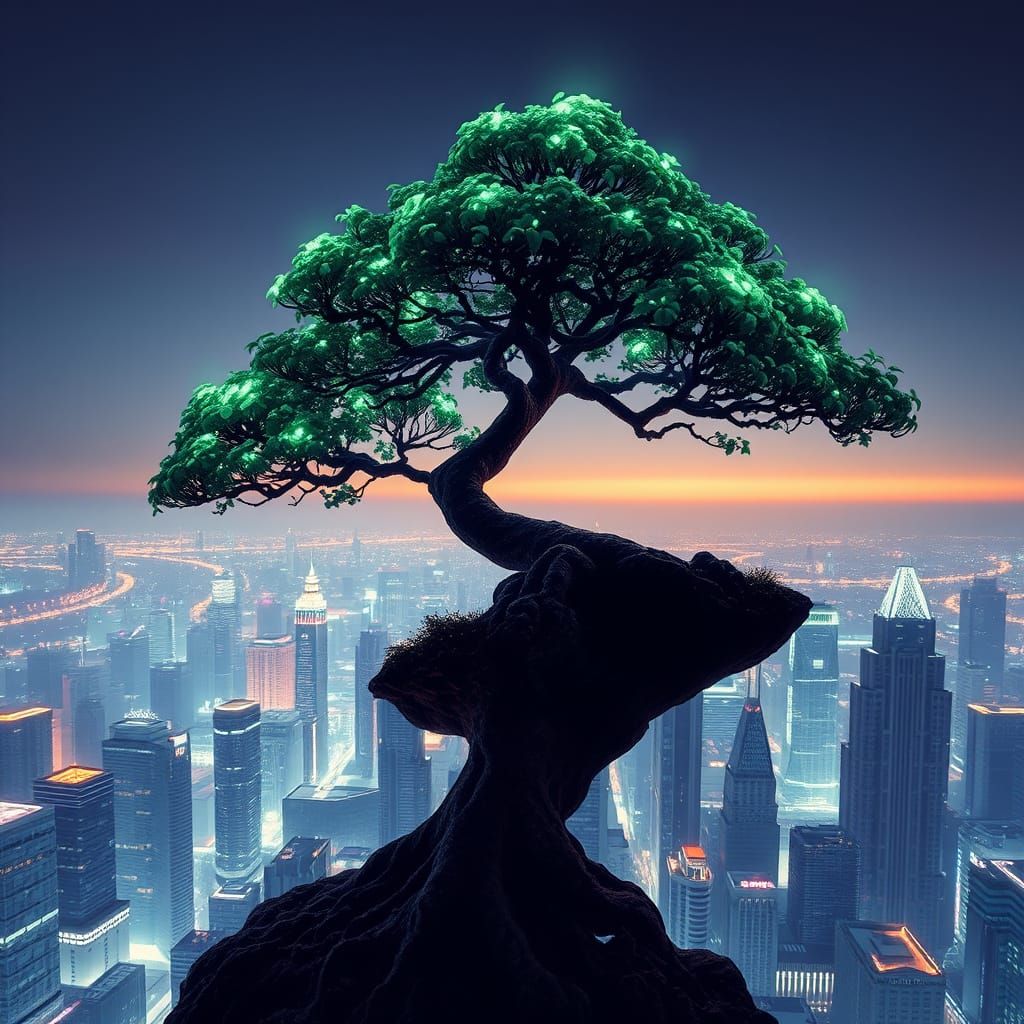Bioluminescent Bonsai Tree Ascends Neon Metropolis