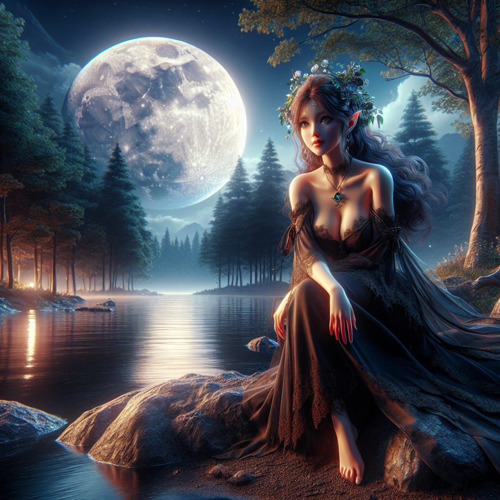 Nymph Under Moonlight Fantasy Art in 8K
