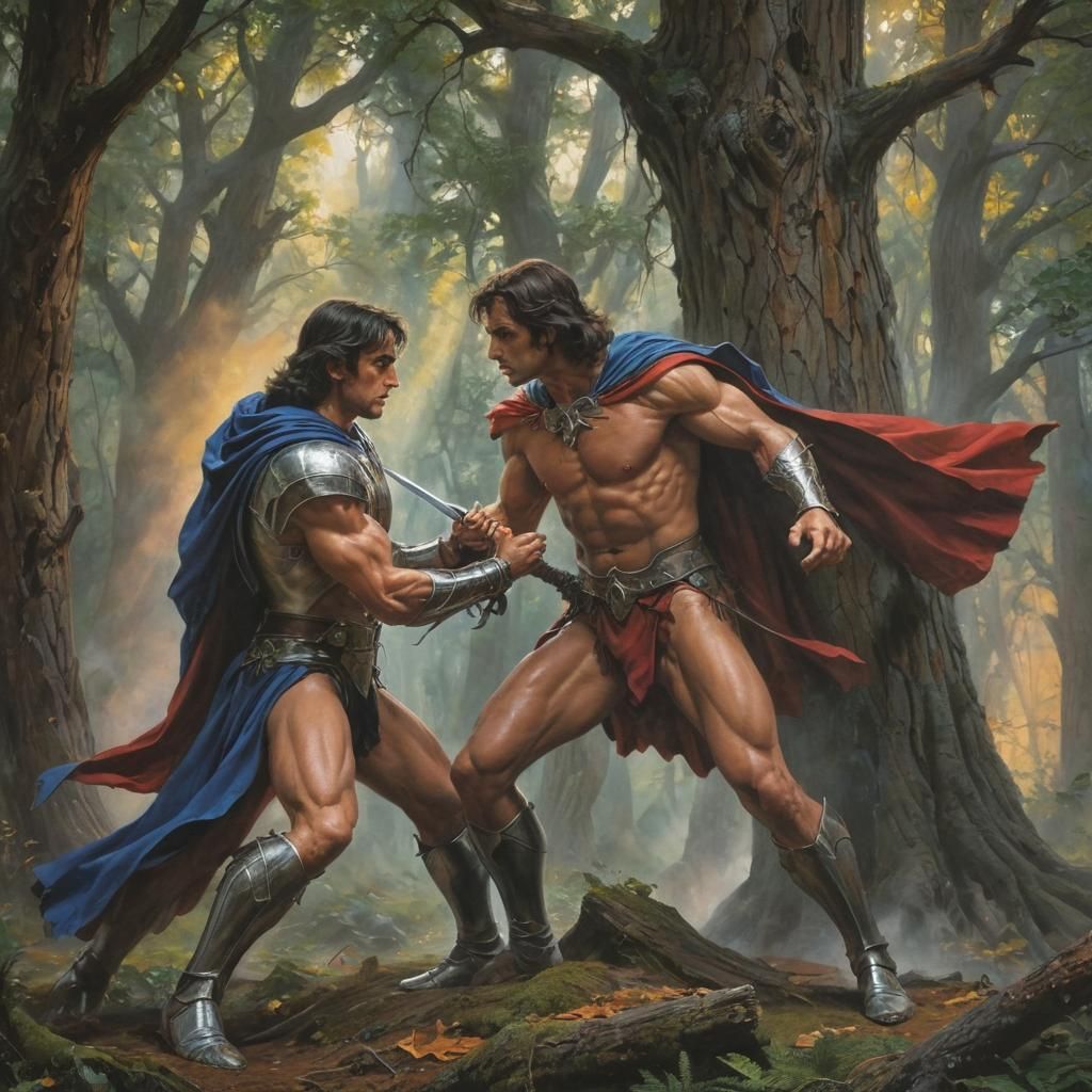 Art by Boris Vallejo, two gay men, muscular and heroic, lock...