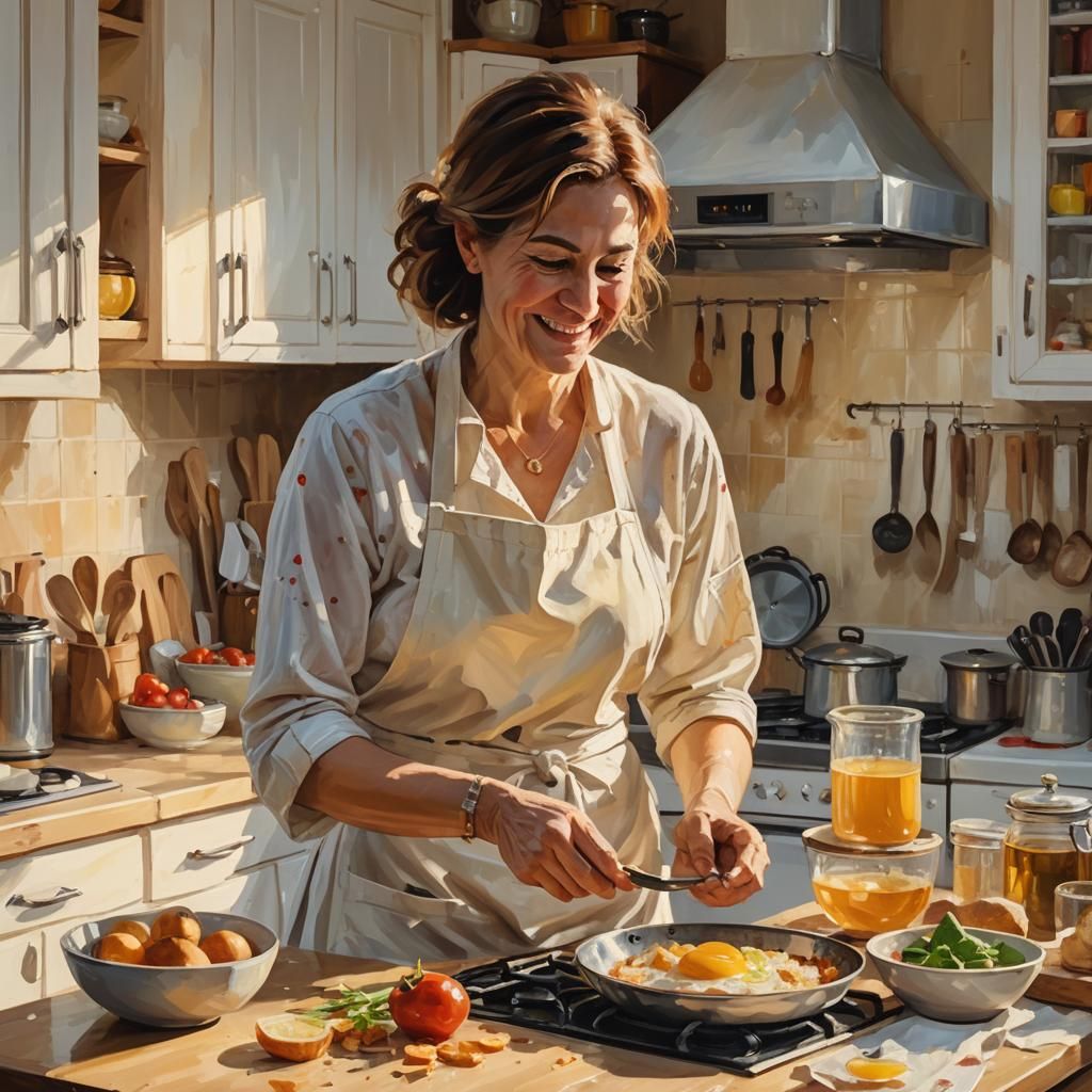 Cozy Kitchen: Mother Cooking Breakfast, Impressionist Style