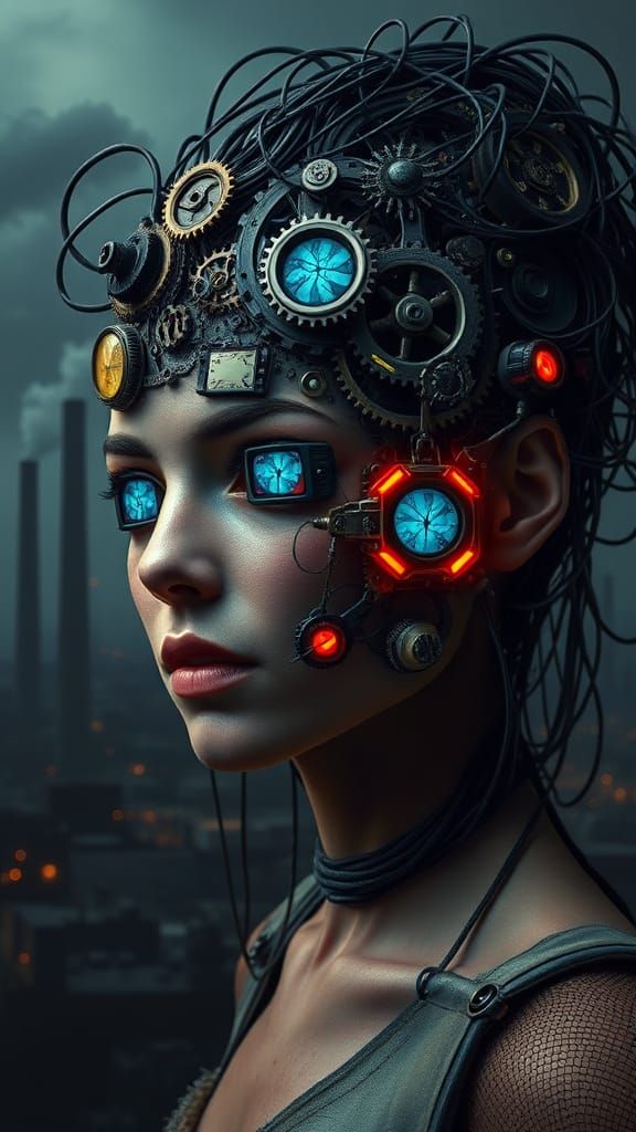 Surreal Portrait of a Gearwork Goddess in Cyberpunk Style