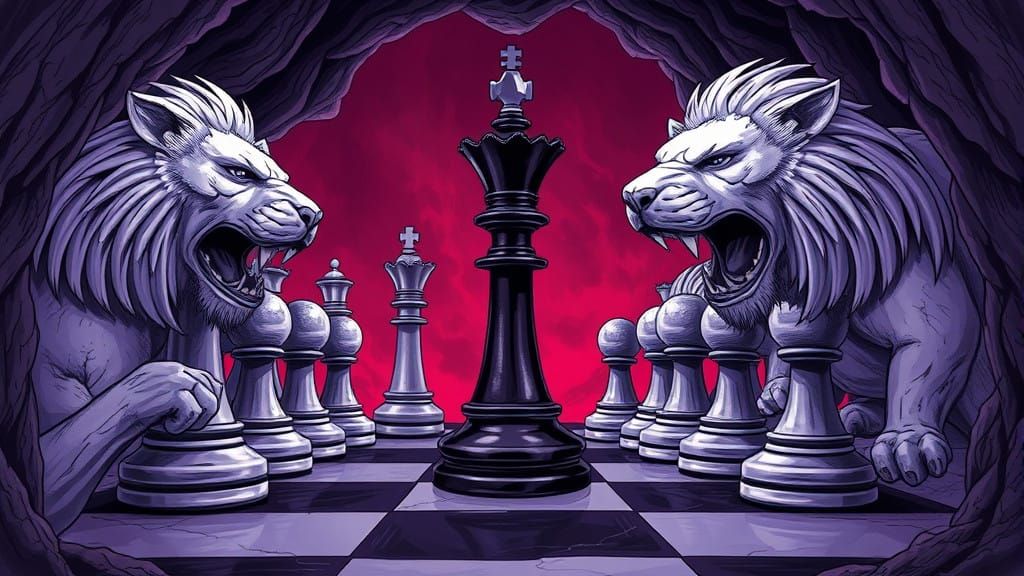 Lonesome Staunton Black King Amidst Hungry Lion Chesspieces....