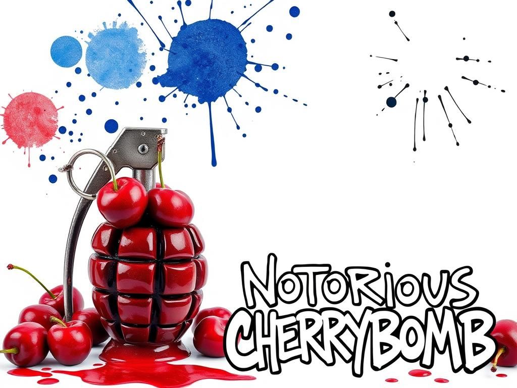 A hand grenade made of distinctive, shiny red cherries.