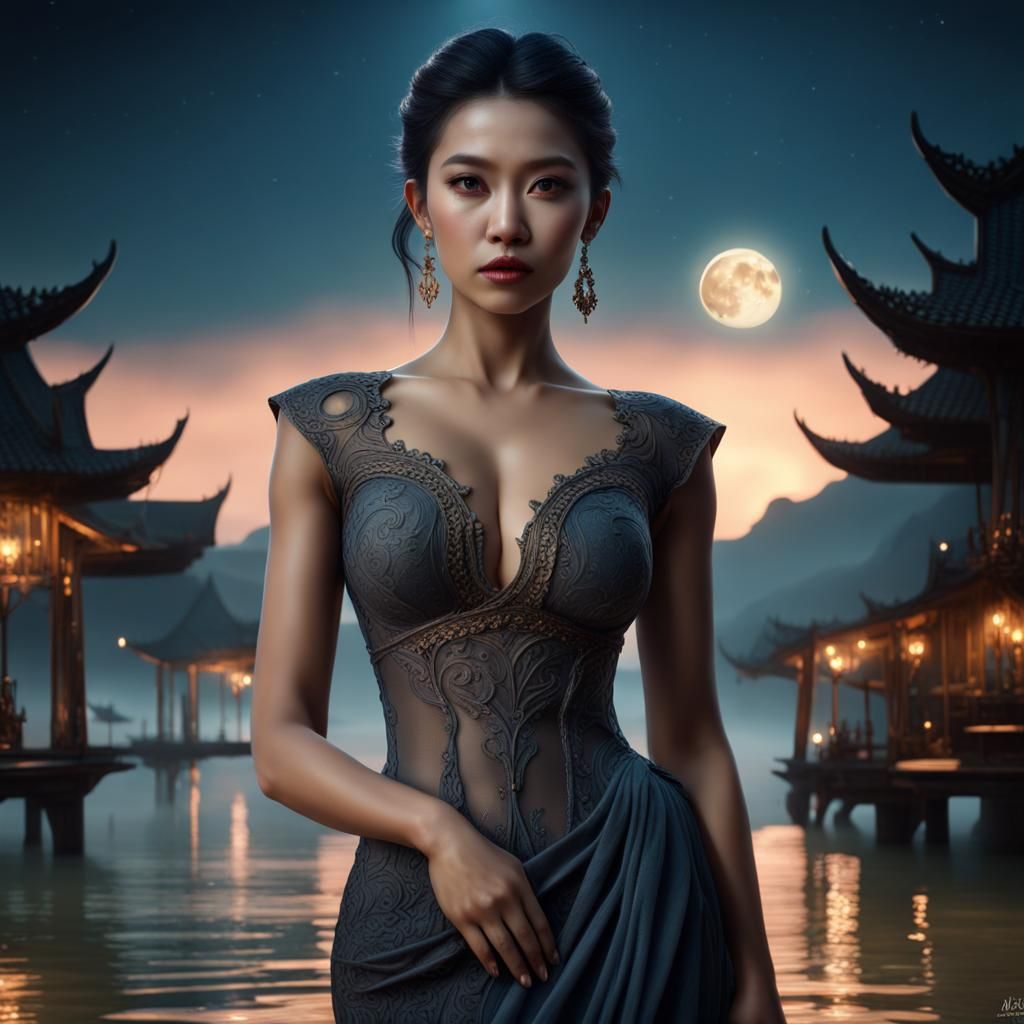 Woman in Thailand with Full Moon: Fantasy Art